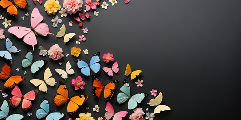 flowers and butterflies are decorated on the black background