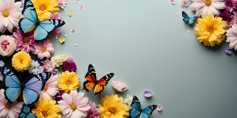 flowers and butterflies are decorated on the black background