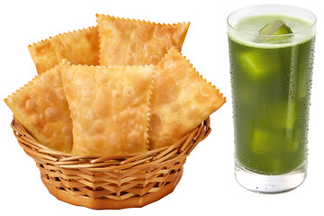 cesta de vime com porção de pastel frito acompanhado de caldo de cana gelado isolado em fundo transparente