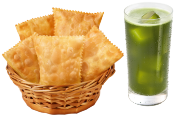 cesta de vime com porção de pastel frito acompanhado de caldo de cana gelado isolado em fundo transparente