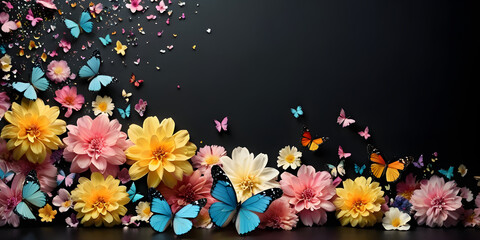 flowers and butterflies decorated the black background