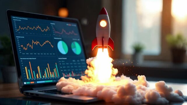 Space rocket launch from a laptop computer. Business startup innovation concept.