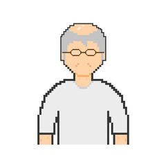 Pixel art of an old man with glasses in white