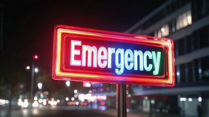 Bright neon emergency sign illuminated at night, guiding attention in a city setting. Ideal for topics related to health, safety, and urgency.