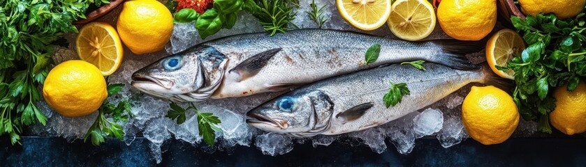 Fresh fish displayed on ice with lemon slices and herbs, perfect for culinary inspiration or seafood recipes.