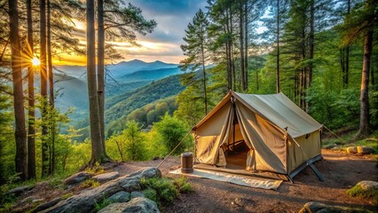 Off grid tent in the wilderness bushcraft camping in the woods wall tent in the Blue Ridge Mountains Airbnb Hipcamp Depth of Field