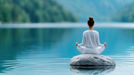 Fototapeta premium Person meditating on a rock by a tranquil lake, surrounded by nature, promoting peace and mindfulness.