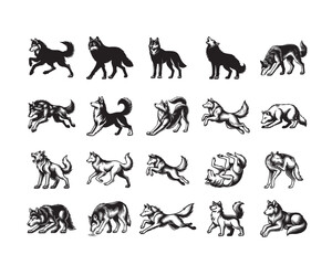 Fototapeta premium Wolf Silhouettes Clipart Design, gray wolf vector illustration Bundle