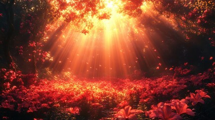 Golden rays of sunlight pierce through the dense canopy of trees, illuminating a carpet of crimson blossoms in a breathtaking display of nature's artistry