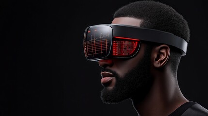Immersive Tech Visionary: A profile shot of a stylish man experiencing cutting-edge VR technology, illuminated by vibrant red data streams within his headset.