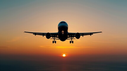 Fototapeta premium An airplane flying during sunset, silhouetted against a vivid sky, creating a stunning travel scene.