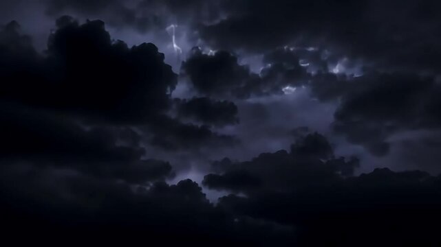 Lightning illuminating dark storm clouds creates a dramatic scene in the night sky. Ominous weather conditions signal the power and energy of nature during a thunderstorm