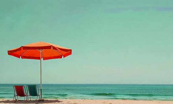 Beach Umbrella Solitude: A lone orange beach umbrella stands tall against the backdrop of a tranquil turquoise ocean, inviting relaxation and solitude.