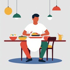 Flat color illustration of a man having a delightful supper in a cozy dining room.