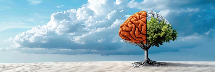 A creative illustration of a tree with half brain and half foliage, symbolizing growth and mental health.