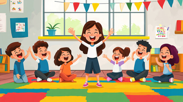 Cartoon clipart of children playing and laughing, with a teacher observing happily, ideal for depicting school-related fun