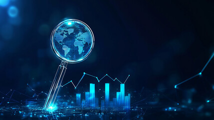 Abstract technology polygonal blue glowing magnifying glass with graph and arrow up, on a dark blue background, business concept