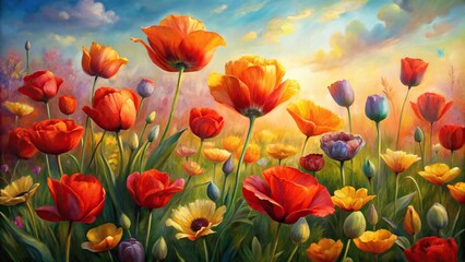 Obraz premium Oil painting of poppies and tulips on canvas
