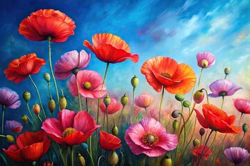 Fototapeta premium oil painting of red and pink poppies on blue background