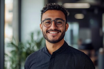 Obraz premium Portrait of a Smiling Man Wearing Glasses in an Office