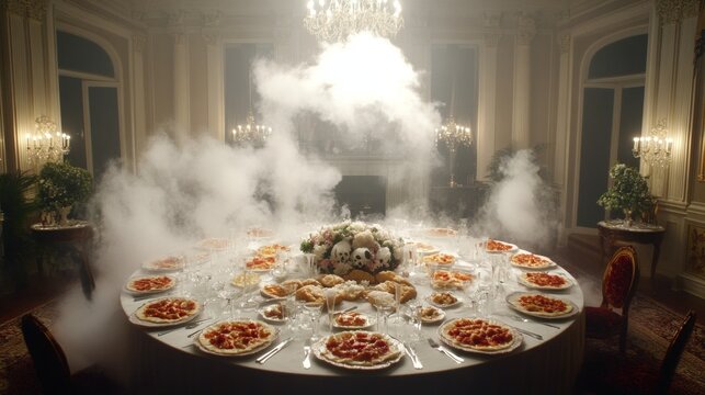 Family enjoying a haunted house-themed dinner with ghost ravioli