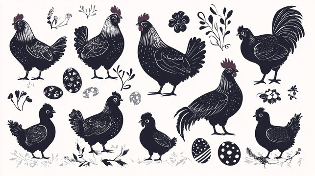 Collection of poultry silhouettes including hens, roosters, and chicks with Easter eggs, ideal for a clean and simple clipart design