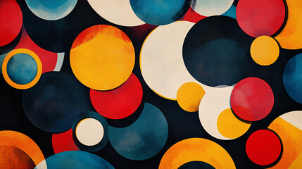 Colorful and abstract fabric design featuring overlapping circles and geometric patterns, perfect for a bold and retro backdrop