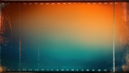 Fototapeta premium Vintage Film Strip Texture with Gradient Sunset Hues. Orange to Teal Fade, Scratches, and Borders Evoking Nostalgic Cinematic Aesthetic