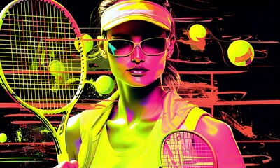 Neon Tennis: A stylish woman in sunglasses and a visor holds a tennis racket with a vibrant neon background, ready to hit the court. Her cool and confident attitude radiates energy and power. - Powered by Adobe