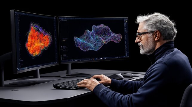 Scientific Breakthrough: Senior Scientist Analyzing 3D Cellular Data