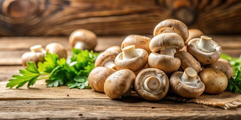 Fresh champignon mushrooms on wooden table