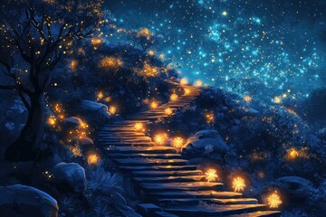 Obraz premium A magical stone stairway lit by glowing orbs leading up a hill towards a starry night sky.