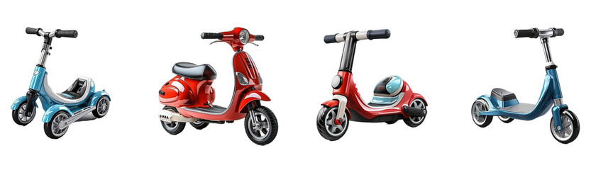 Four different colored scooters are shown in a row