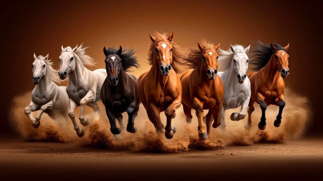 Wild Horse Run: A breathtaking image of seven majestic horses galloping across a dusty landscape, their manes and tails flowing in the wind.  A powerful symbol of freedom and untamed beauty. 
