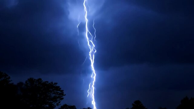 Bright lightning bolts streaking across dark clouds create a dramatic ambiance during a stormy night. Powerful flashes of electricity reveal the raw intensity of nature's forces