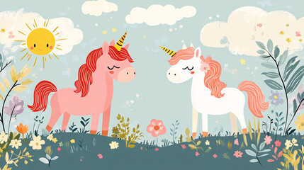 Fototapeta premium Cute hand drawn design for a child's birthday card with playful illustrations and watercolor elements