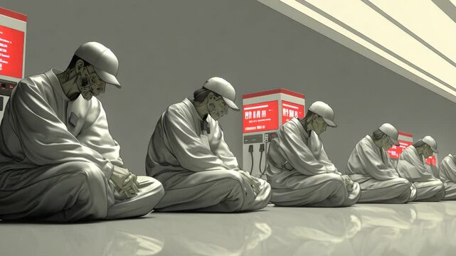 Motionless human-like figures in sterile white room, depicting loss of individuality in dystopian future