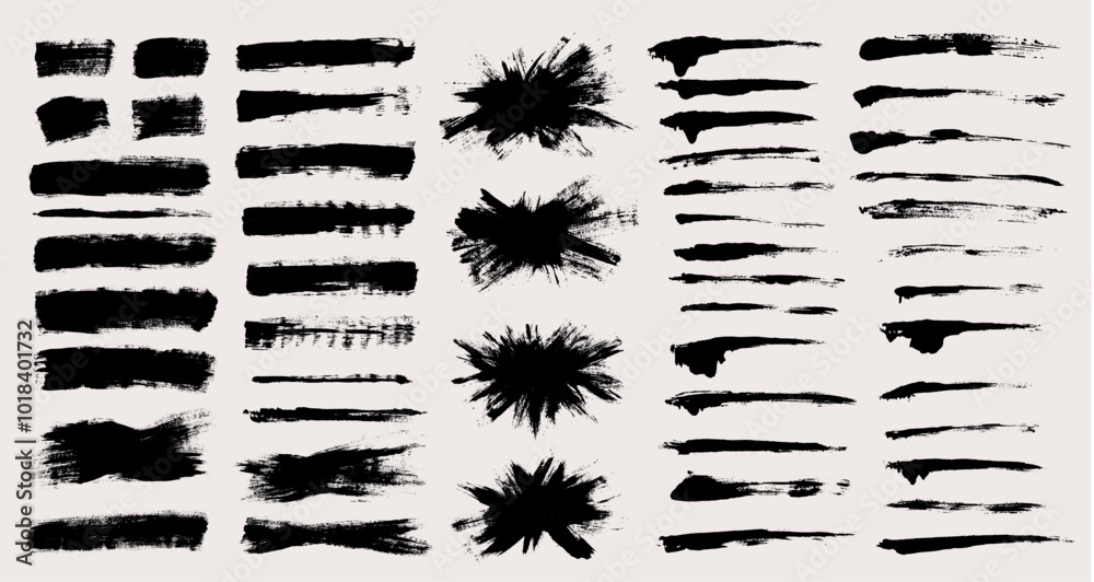 Aufkleber Brush strokes vector. Set of burst, rectangle text boxes and painted lines. Grunge design elements