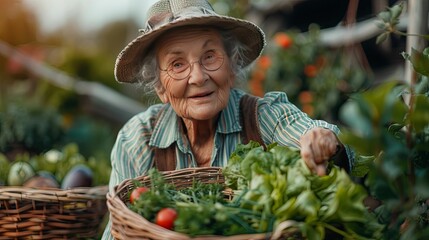 Elderly Woman in Straw Hat Holding a Basket of Fresh Greens
