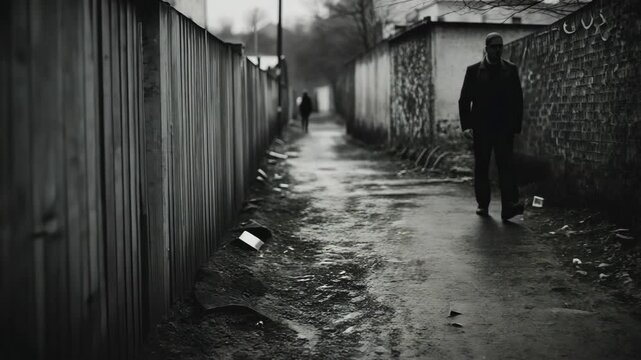 Ominous figure stalks man through gloomy Eastern European alleyway, highlighting personal safety concerns in urban settings