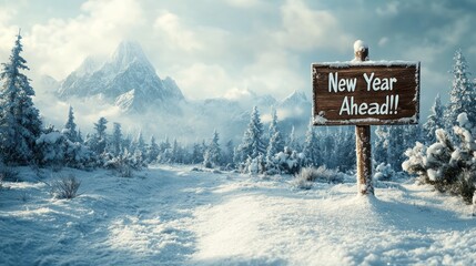 A wooden sign with the words "New Year Ahead" stands in a snowy mountain landscape, symbolizing new beginnings and fresh starts.