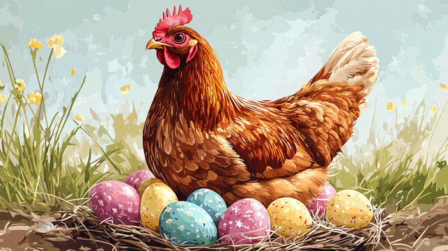 Detailed graphic of a hen with Easter eggs in a domestic setting, perfect for a vector design related to poultry farming