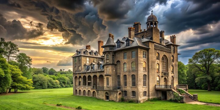 Ominous clouds over Fonthill Castle in Doylestown Pennsylvania minimalist
