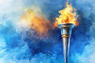 Olympic torch watercolor art in dynamic blue extreme close-up