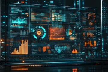 Obraz premium A futuristic digital display with glowing data visualizations and graphs.