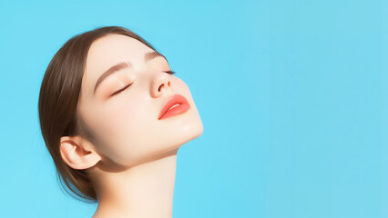 Obraz premium Skin care and beauty clinic wallpaper. A beautiful female model front of blue background.