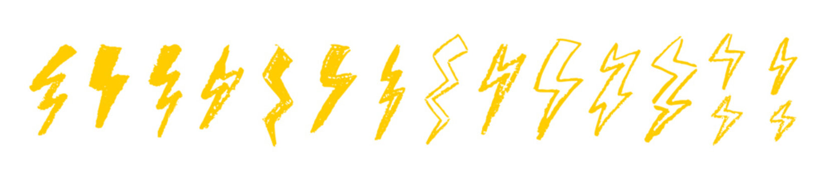 Set of lightning by wax pencil drawing. Collection of handdrawing chalk , light flash signs, Doodle thunder bolts, golden color design elements. Graffiti style weather symbols. Vector illustration.