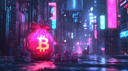 Digital money bag with Bitcoin cryptocurrency symbol on futuristic city background,
