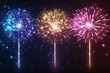 A digital illustration of four colorful fireworks exploding in the night sky.
