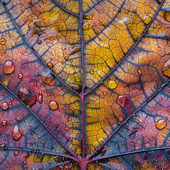 Obraz premium A macro shot of an autumn leaf infected with a fungal disease, intricate spores covering the surface, decay spreading in a symmetrical pattern.